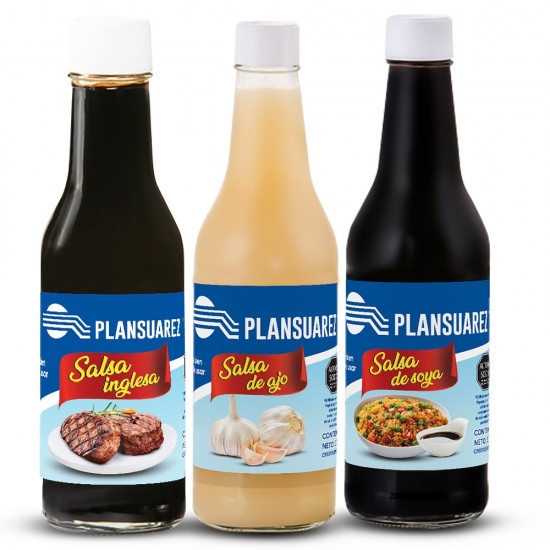 COMBO SALSAS PLANSUAREZ 300ML AJO SOYA INGLESA