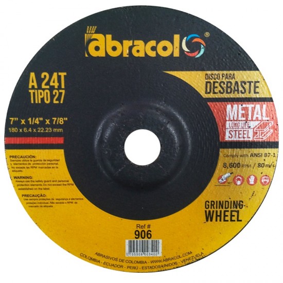 DISCO ABRACOL DESBASTE METAL 27 A-24 7X 1/4X 7/8